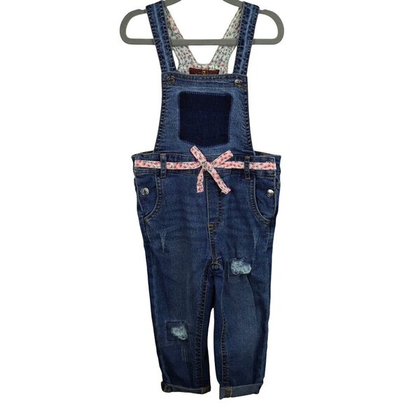 NWT 7 For All Mankind Girls Denim Overalls With Floral Lining‎ & Pink Bow 2T - Picture 1 of 8